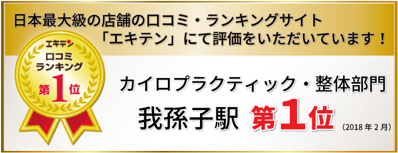 あびこ南口整体院 我孫子腰痛センターは、エキテン口コミランキングで我孫子駅第1位の評価をいただいています。